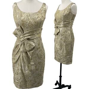 Carmen Marc Valvo Cocktail Mini Dress Metallic Brocade Bow Waist Gold Womens 4